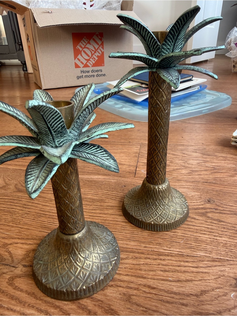 Vintage heavy brass palm tree candle holder art deco